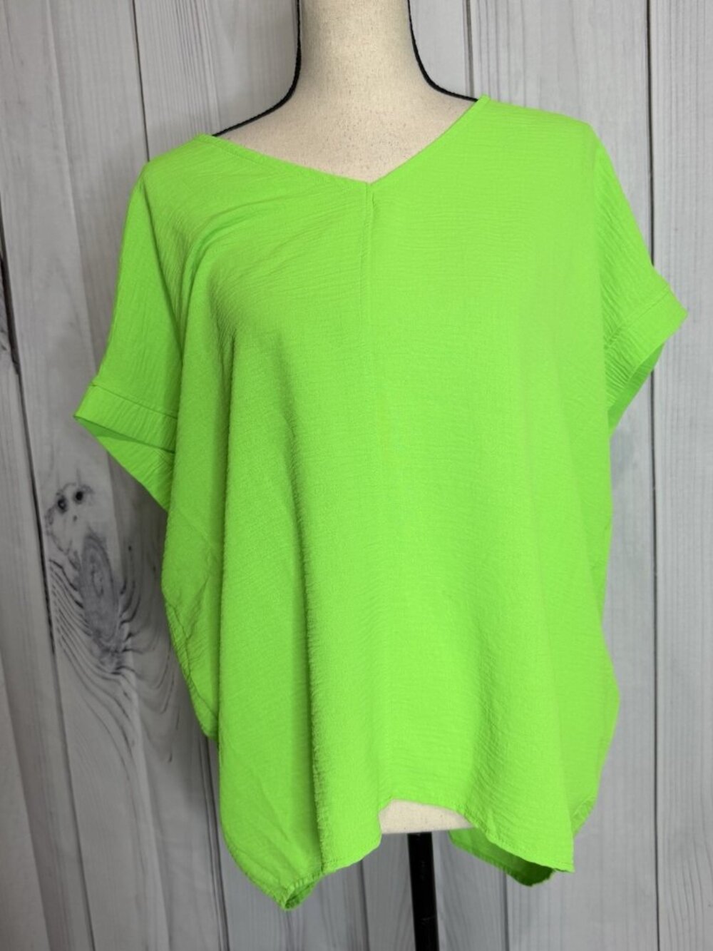 First Love by Lovelyn Bright Neon Green Oversized V-Neck Blouse Size L
